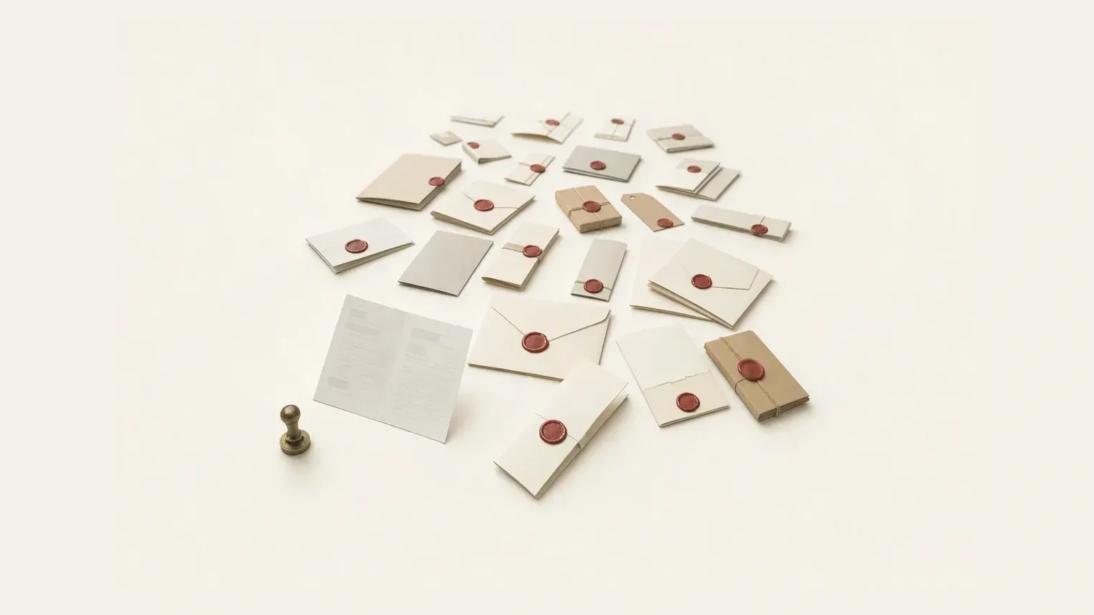 A small brass stamp beside one printed card lying open and unsealed, and beyond them dozens of different closed pieces — envelopes, folded menus, price sheets, kraft parcels, tags and tied bundles — each fastened with the same red wax, spreading away into the distance.