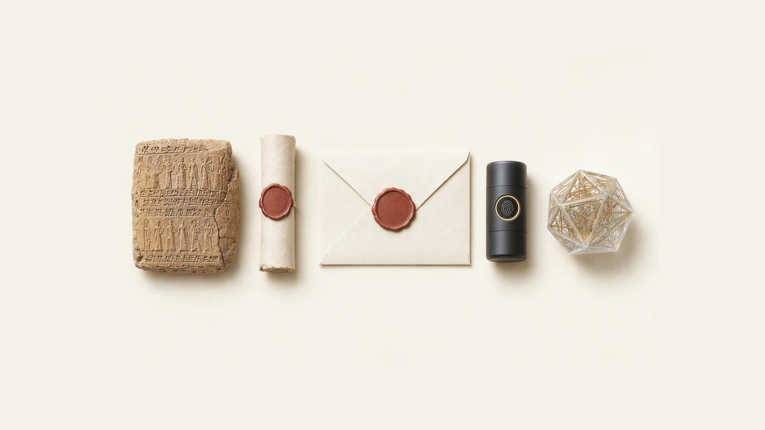 Seven sealed messages in a row on pale paper, oldest to newest: a clay envelope with a seal impressed in it, folded parchment with pendant wax seals, a letterlocked paper packet, a cream envelope with a wax seal, a matte black capsule, a clear crystal block with a mark glowing inside it, and the same mark floating as light above a black disc. The same device appears on every one.